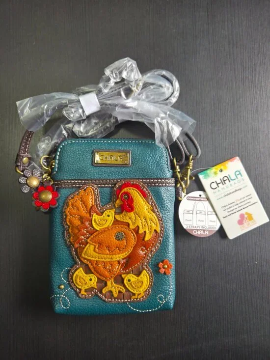 Chala Hen with Chicks Convertible Cellphone Crossbody/Purse/Pouch Turquoise NWT - Picture 1 of 7